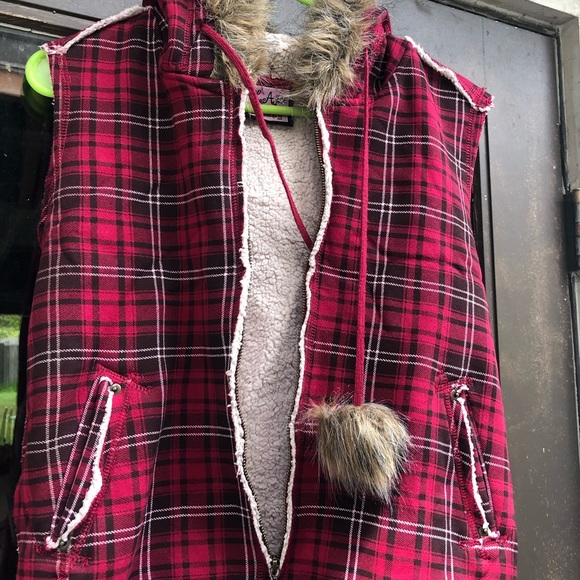 La Kitty Plaid Wool Blend Faux Fur Hoodie Jacket - Picture 9 of 13